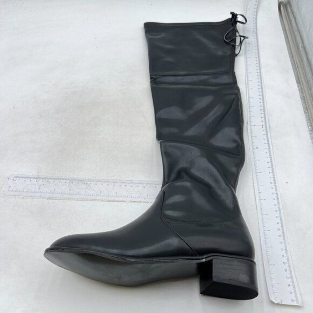 Women's Leather Over The Knee High Boots Low Flat Heel Thigh High Boots Black